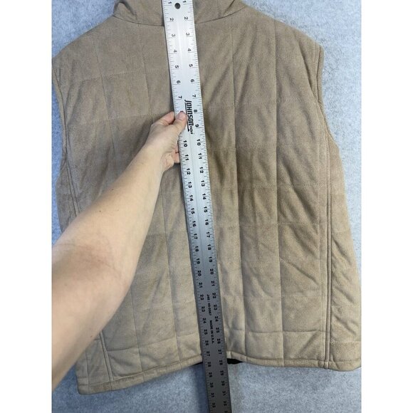 Weather Wear Quilted Faux Suede Puffer Vest Sz M Fleece Lined Tan Black Pockets - Picture 8 of 9
